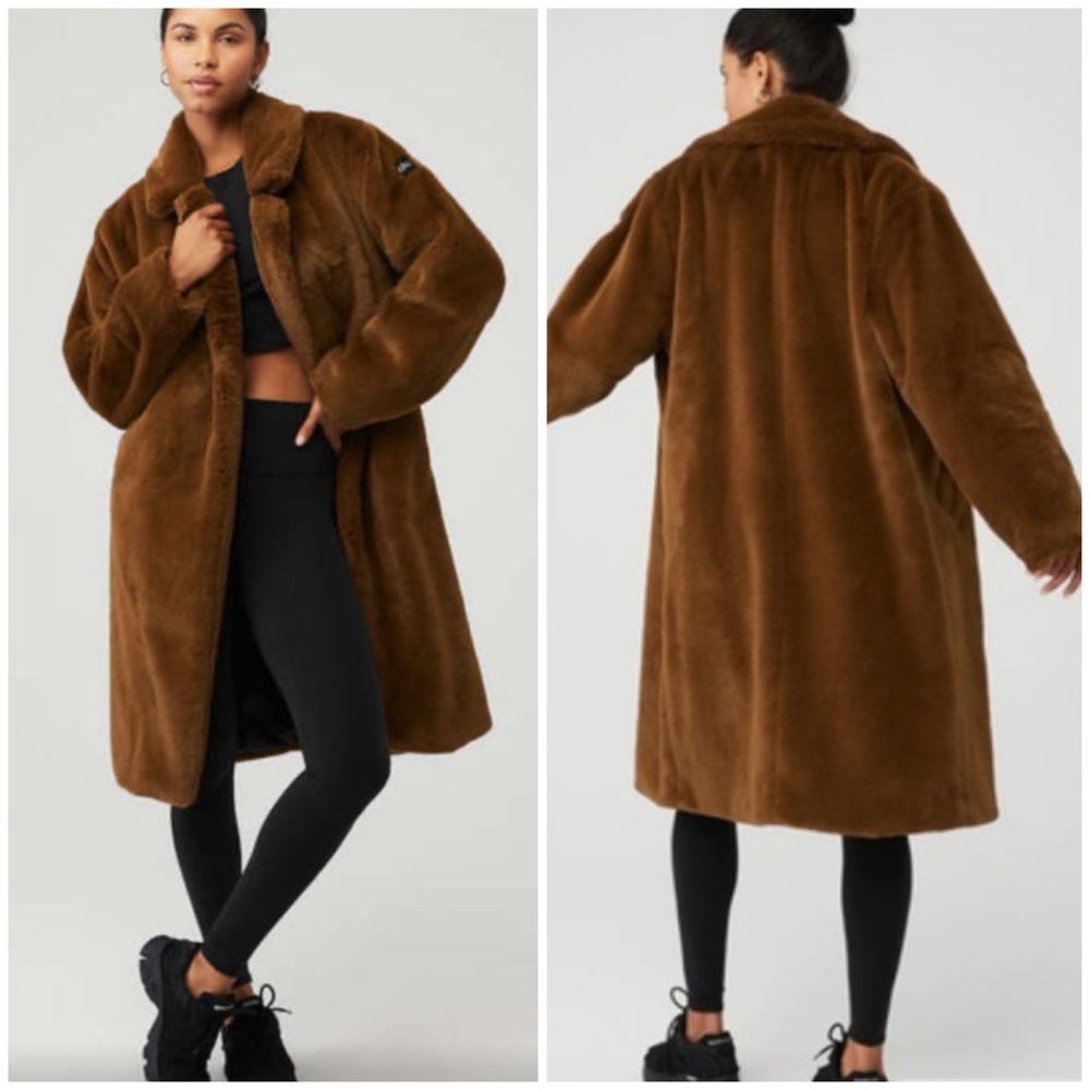 NWT ALO YOGA Oversized Faux Fur Brown Teddy Fuzzy Long Duster Coat SZ XXS - Picture 2 of 9